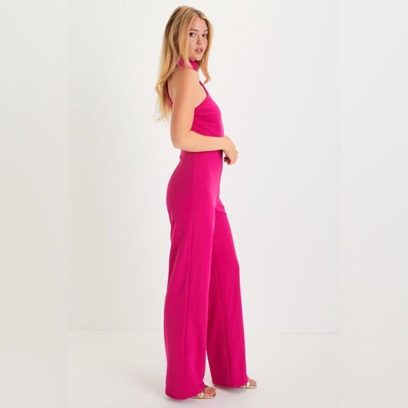 NWT Lulus Keep It Interesting Hot Pink Asymmetrical Halter Jumpsuit Size Medium - Picture 3 of 12